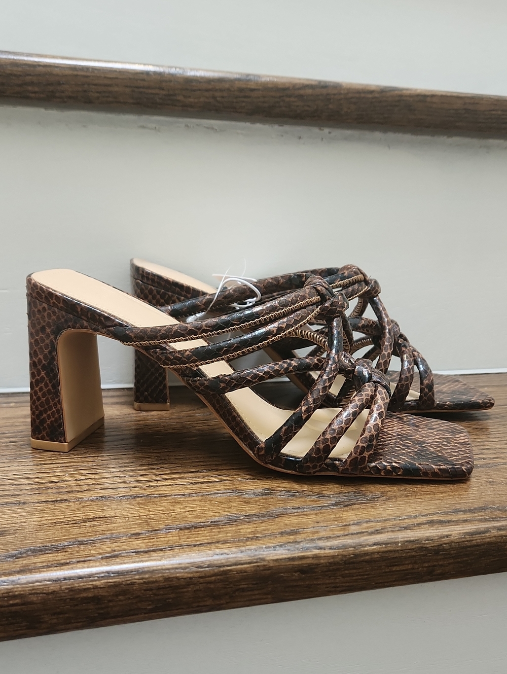 H&M Brown Snake-Print Strappy Block Heel Mules